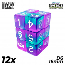 12x D6 16mm Dice - Clear Turquoise/Purple | D6 Dices