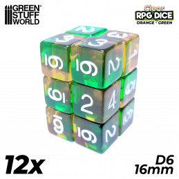 12x D6 16mm Dice - Clear Orange/Green | D6 Dices