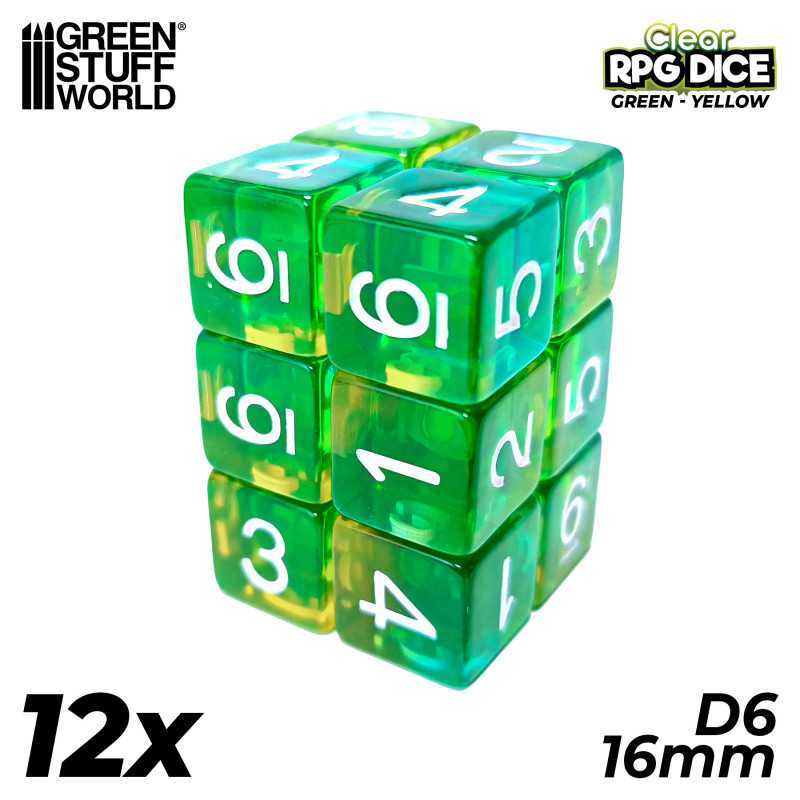 12x Dados D6 16mm - Verde/Amarillo Transparente Dados D6