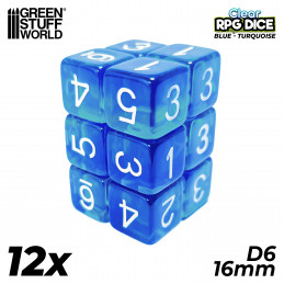 12x Dadi D6 16mm - Blu/Turchese Trasparente | Dadi D6