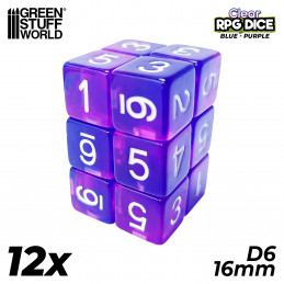 12x D6 16mm Dés de Jeu - Bleu/Lilas Transparent | Dés D6