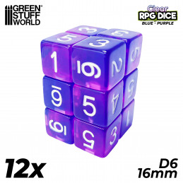 12x D6 16mm Dice - Clear Blue/Purple | D6 Dices