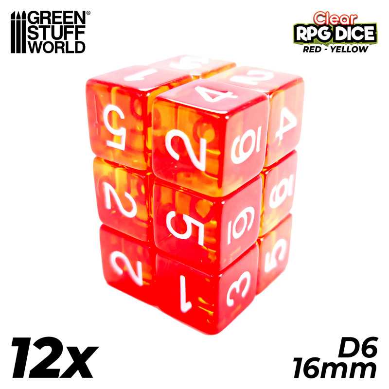 12x D6 16mm Dés de Jeu - Rouge/Jaune Transparent | Dés D6