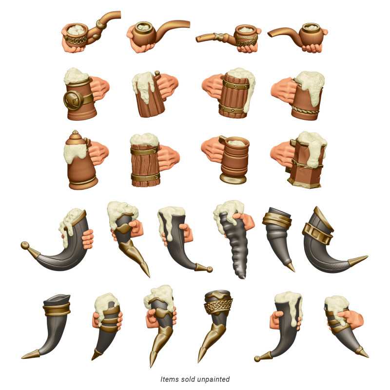 Chopes à bière et cornes compatible avec Warhammer : The Old World et avec l'armée naine. Chopes à bière et cornes compatible avec Warhammer : The Old World et avec l'armée naine.