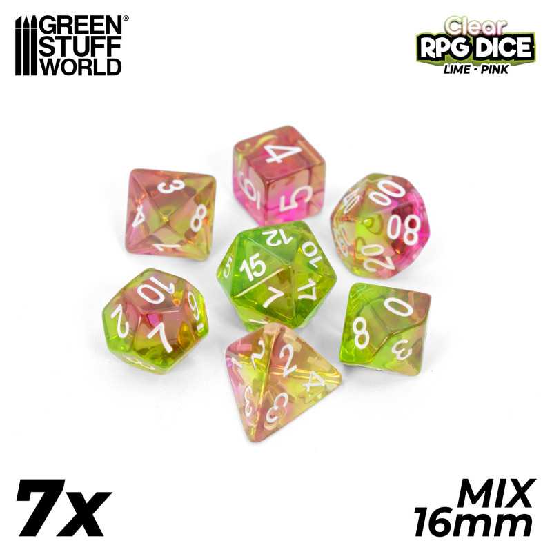7x Mix 16mm Dice - Clear Lime and Pink 7x Mix 16mm Dice - Clear Lime and Pink