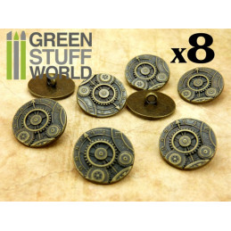8x Boutons à motifs Steampunk ROUAGES - Bronze