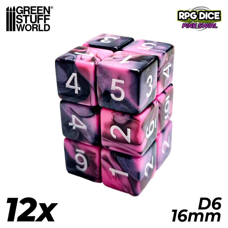 12x D6 16mm Dice - Pink Swirl | D6 Dices 12x D6 16mm Dice - Pink Swirl | D6 Dices