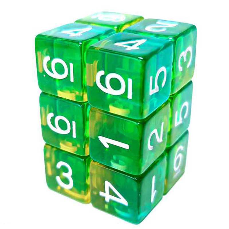 12x Dados D6 16mm - Verde/Amarillo Transparente