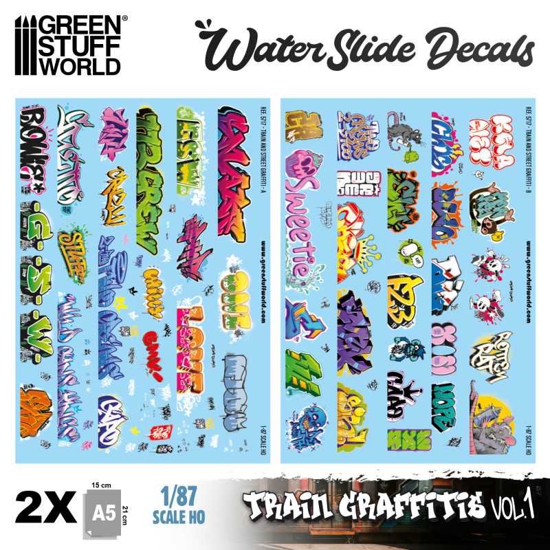 Decals ad acqua | Decalcomanie graffiti per modellini ferroviari 1/87 HO (Set-1) Decals ad acqua | Decalcomanie graffiti per modellini ferroviari 1/87 HO (Set-1)
