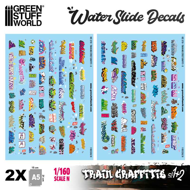 Decals ad acqua | Decalcomanie graffiti per modellini ferroviari 1/160 N Decals ad acqua | Decalcomanie graffiti per modellini ferroviari 1/160 N