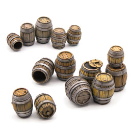 A collection of 14 3D resin-printed wooden barrels para Wargames