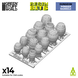 Une collection de 14 barils en bois imprimés en résine 3D pour le Wargaming