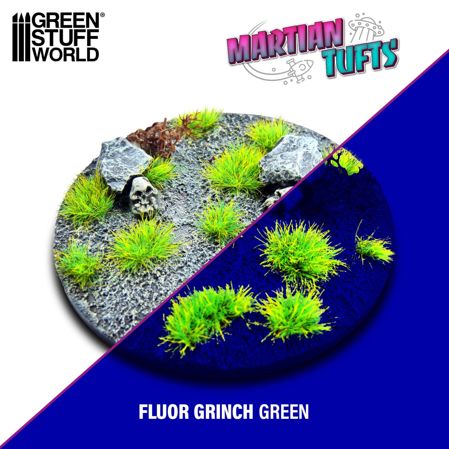 Green Stuff World Martian Tufts – Herbes Fluos Vertes Pour Dioramas, 75 Touffes De 6 Mm, Effet UV