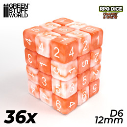 36x D6 12mm Dice - Orange White Marble