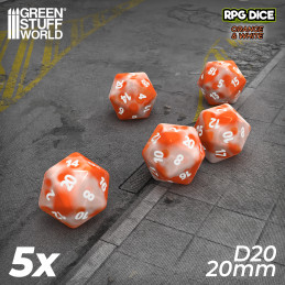 5x D20 20mm Dés de Jeu - Orange Blanc Marbre
