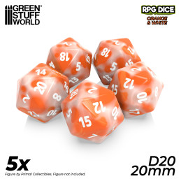 5x Dados D20 20mm - Naranja Blanco Marmol