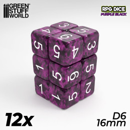 12x Dados D6 16mm Violeta Negro para juegos de mesa y rol