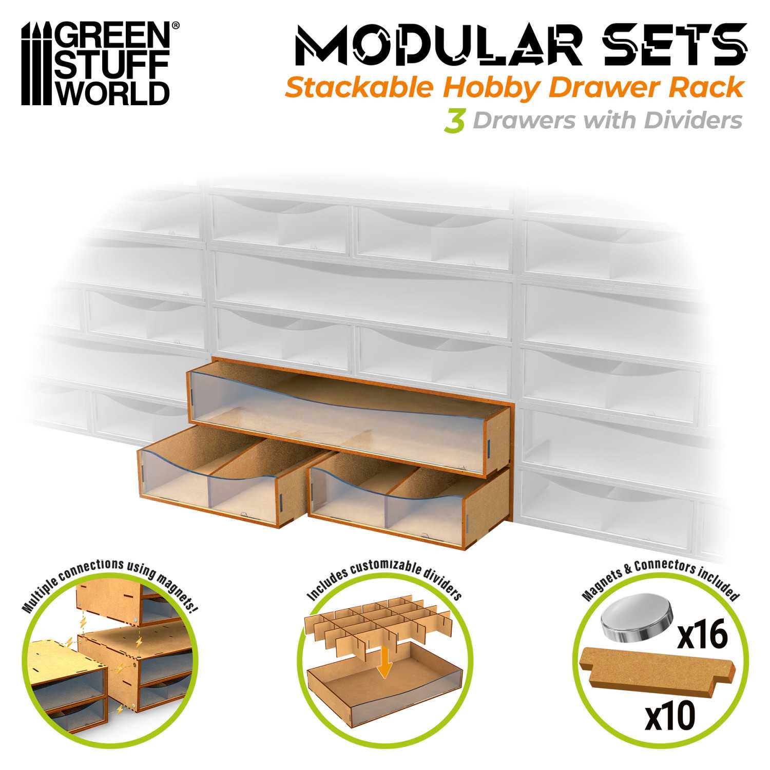 Stackable Hardware Drawers Magnetized Stackable Hobby Drawer Rack module with 3 drawers - GSW