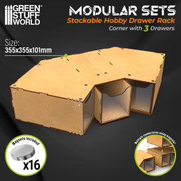 Módulo cajonera esquina apilable con 3 cajones para modelismo y manualidades Módulo cajonera esquina apilable con 3 cajones para modelismo y manualidades