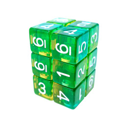 12x D6 16mm Dés de Jeu - Vert/Jaune Transparent | Dés D6