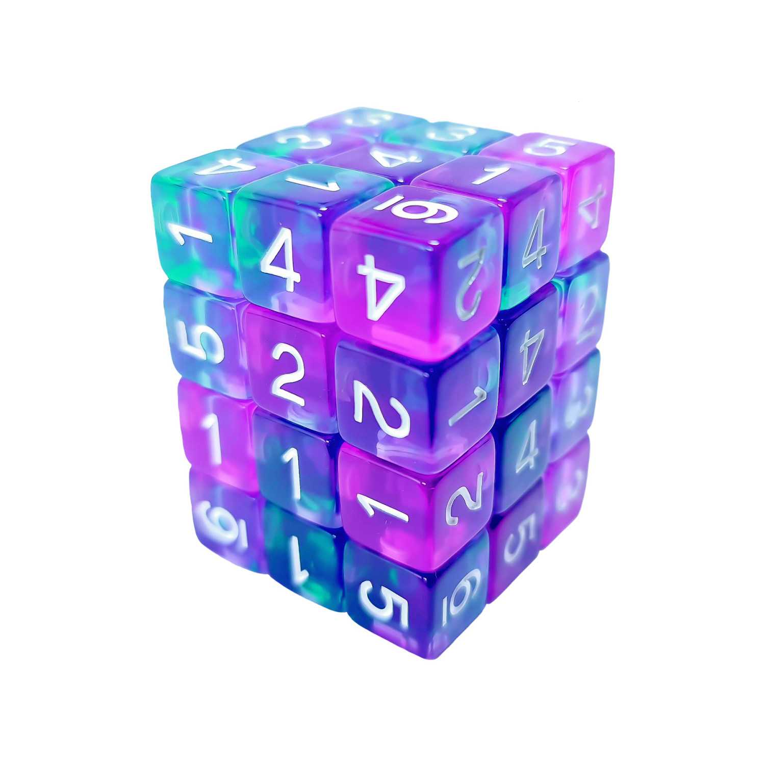 36x Dados D6 12mm - Turquesa/Lila Transparente