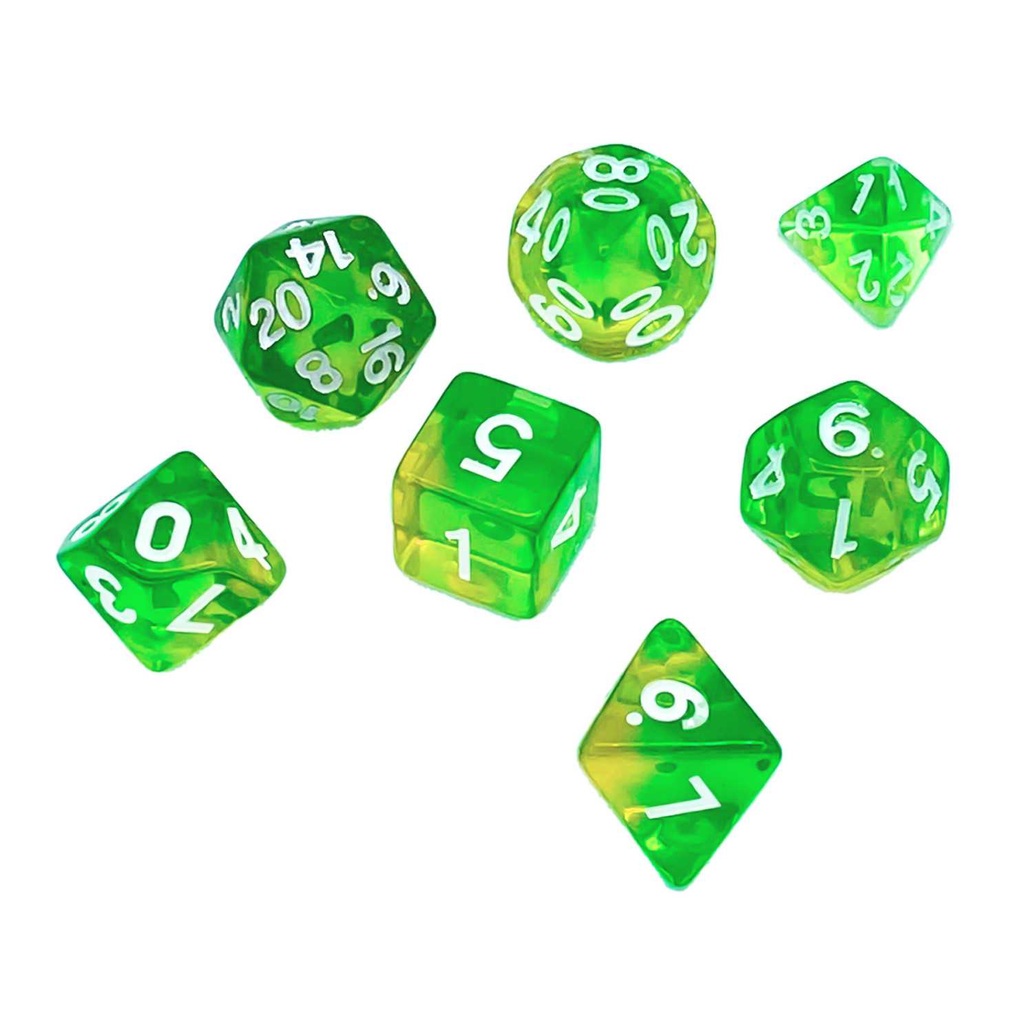 7x Mix 16mm Dés de Jeu - Vert/Jaune Transparent | Set de Dés JDR