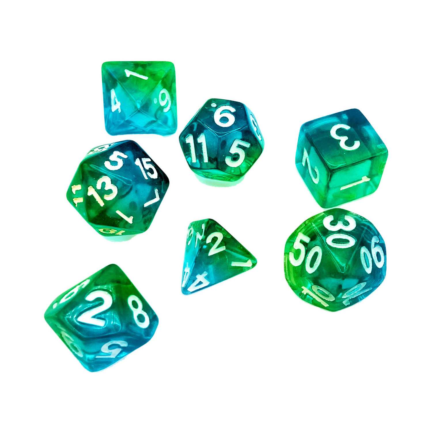 7x Dadi Mix 16 mm - Verde/Turchese Trasparente | Set Dadi D&D 7x Dadi Mix 16 mm - Verde/Turchese Trasparente | Set Dadi D&D