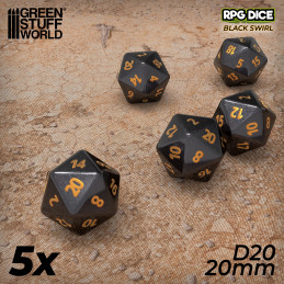 5x D20 20mm Dice - Black | Board Game Dices