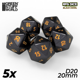 5x D20 20mm Dice - Black | Board Game Dices