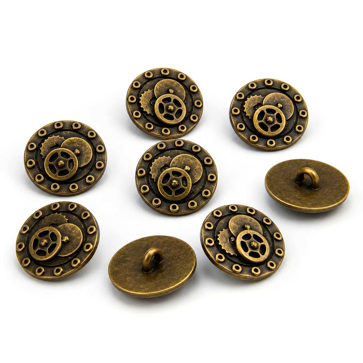8x Knöpfe Steampunk-Stil 20mm SCHRAUBEN und ZAHNRADER - Antike Goldfarben | Knöpfe