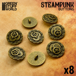 8x Knöpfe Steampunk-Stil 20mm SCHRAUBEN und ZAHNRADER - Antike Goldfarben | Knöpfe