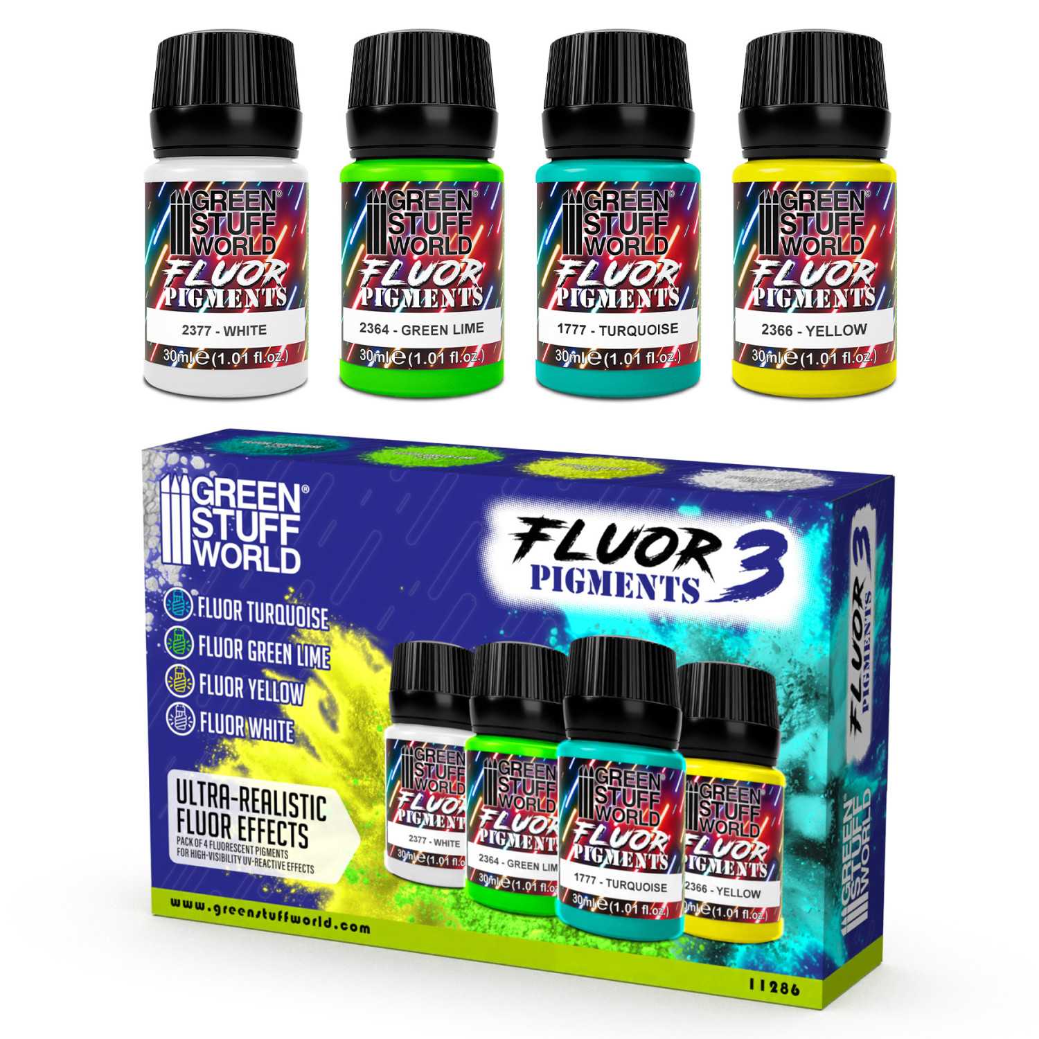 Set fluor pigmenten 30 ml - Nr. 3 (4er-Pack) Set fluor pigmenten 30 ml - Nr. 3 (4er-Pack)