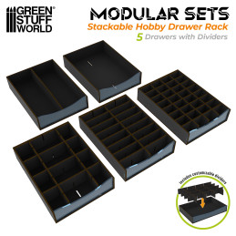 Módulo cajonera apilable con 5 cajones horizontales con divisores - Negro
