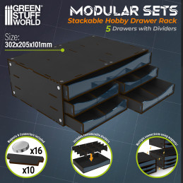 Módulo cajonera apilable con 5 cajones horizontales con divisores - Negro