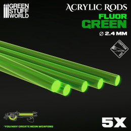Barras Acrilicas - Redondas 2,4 mm Fluor VERDE Perfiles Fluorescentes