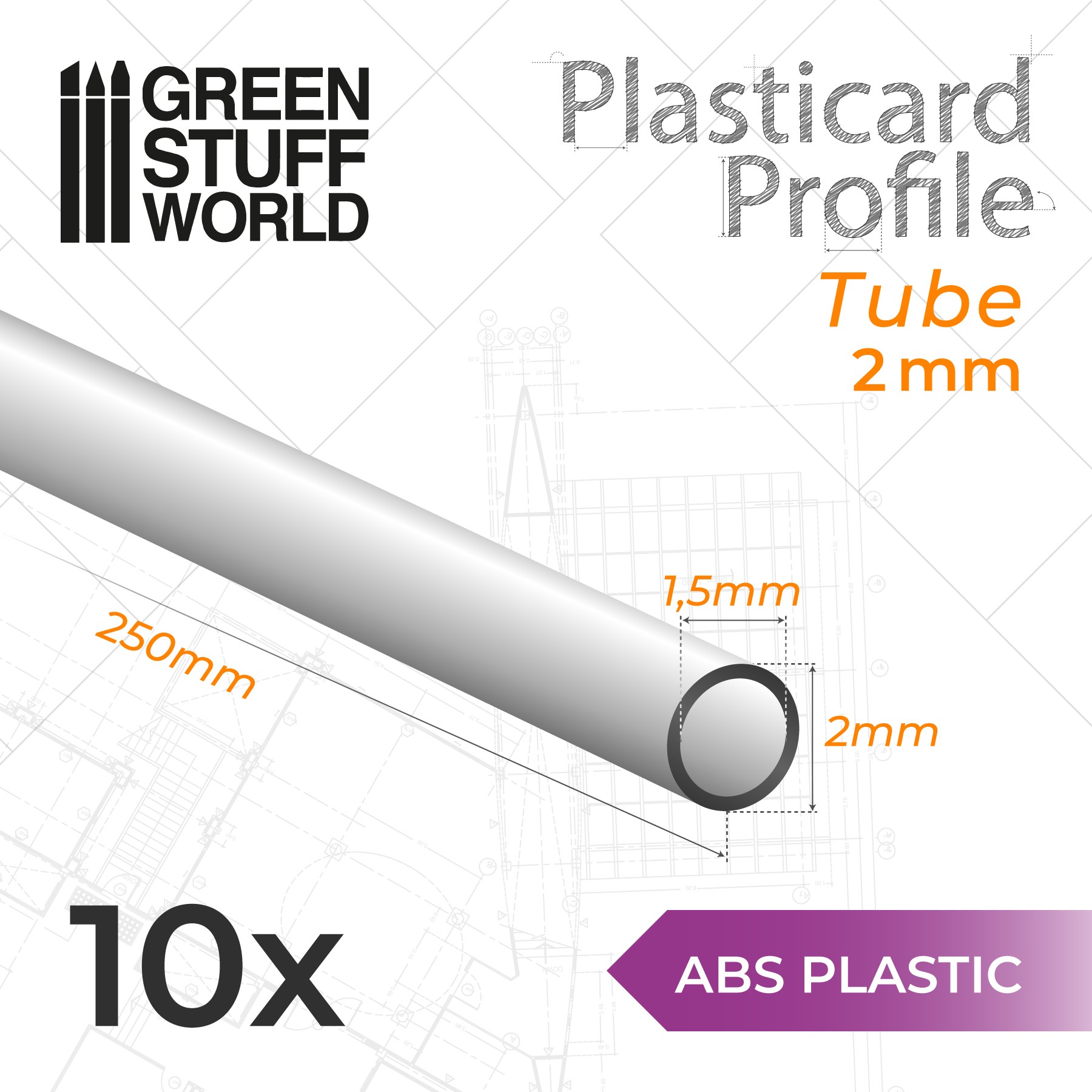 WWS ABS 10 x Square 2mm Tube Plasticard Plastikard Plastic Styrene ABS5 