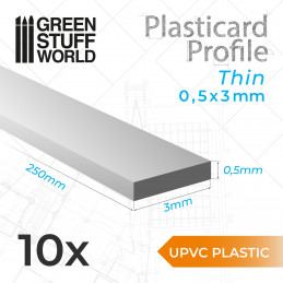 Perfil Plasticard uPVC - Fino 0.50mm x 3mm Perfiles Planos